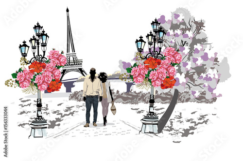 Romantic couple walking the Parisian park amoung flowers at the background of the Eiffel tower. Hand drawn vector.