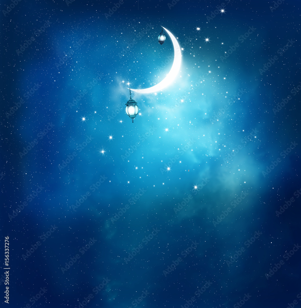 Obraz premium Islamic greeting Eid Mubarak cards for Muslim Holidays.Eid-Ul-Adha festival celebration . Ramadan Kareem background.Crescent Moon and Lantern Lightning in sky