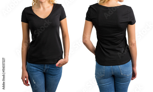 Woman in black V-neck T-shirt, front and back