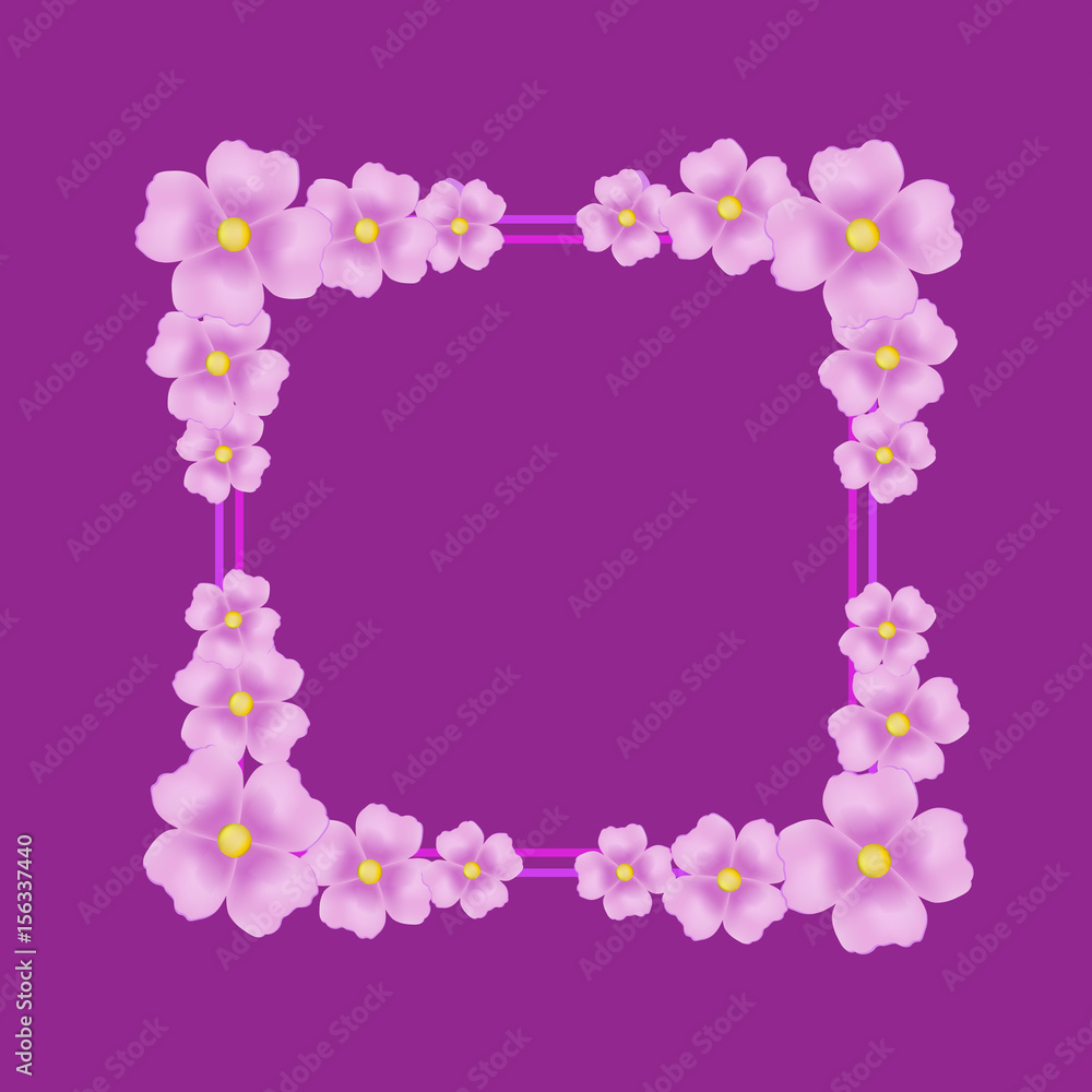 Violet background with border and flowers. Illustration.