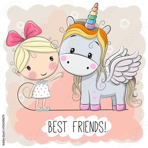 Cute Cartoon Girl and Unicorn