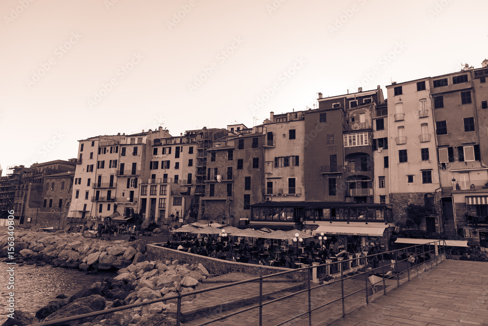 An old-fashioned photo of the main square of Porto Venere in Liguria.