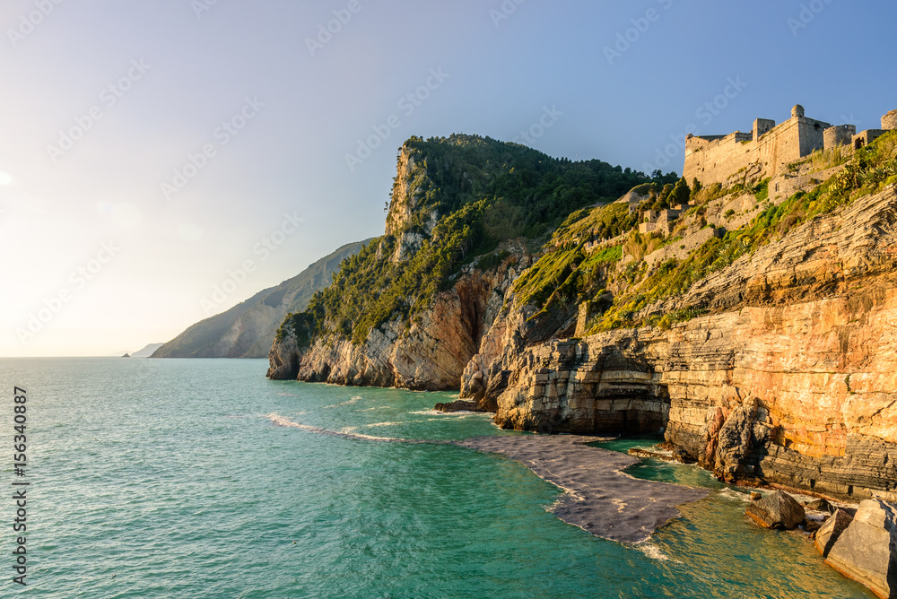 View of the Mediterrean sea and the cliff from the fortress in Porto Venere