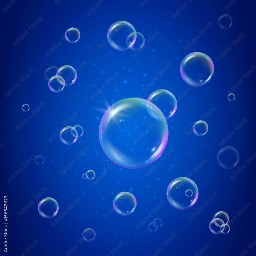 Shampoo foam on blue shiny background. Colorful realistic bubbles with rainbow reflection. Liquid cleaning soap foam for bath and shower. Blowing soap bubble spray for washing design flyer and banner