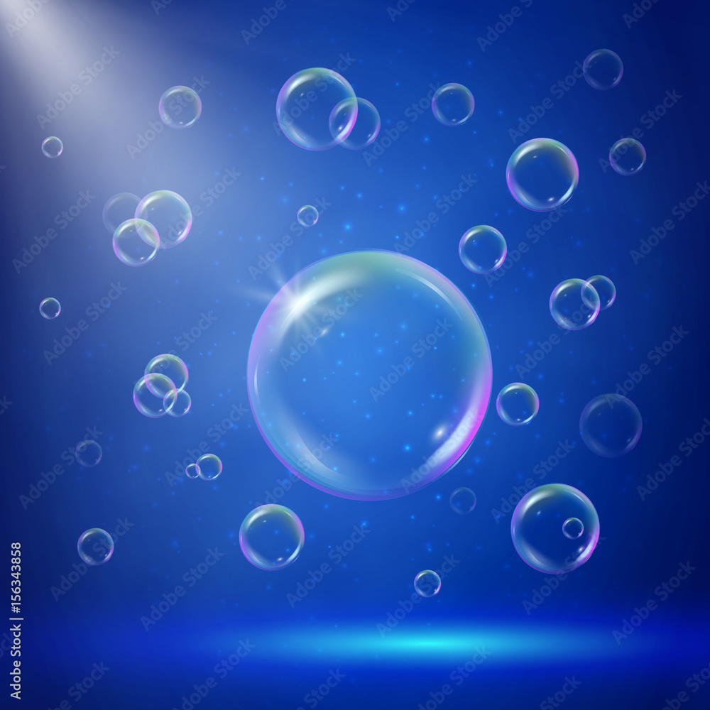 Stage illumination with spotlights and bubbles. Blue deep sea scene with shampoo foam in water. Colorful realistic bubbles with sprays, rays and flare. Background with blowing soap for bath and shower