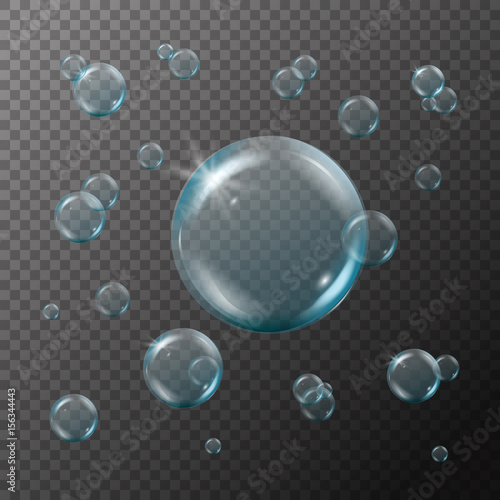 Shampoo or soap bubbles on transparent background. Swimming pool banner or flyer design. Grey plaid background with bath or shower bubbles. Isolated shampoo foam and cleaning detergent. Vector EPS 10.