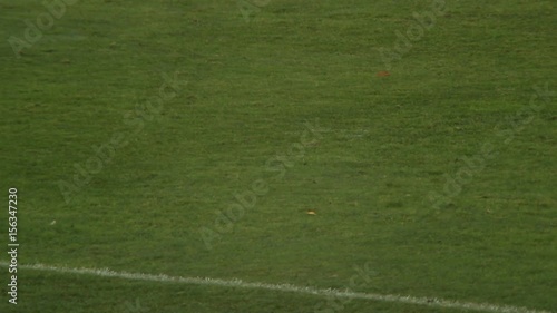 Professional soccer player kicking ball to score goal, referee watching game photo