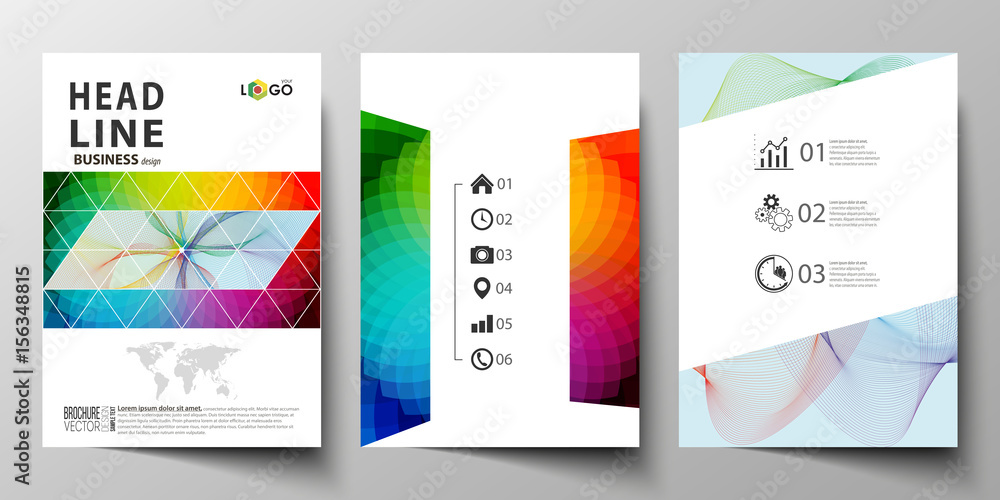 Business templates for brochure, magazine, flyer, annual report. Cover template, easy editable vector, flat layout in A4 size. Colorful design background with abstract shapes and waves, overlap effect