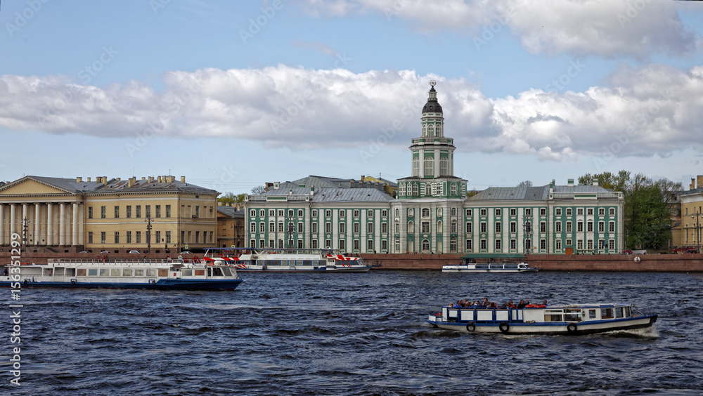 Kunstkamera museum and University embankment. Cityscape view of Saint Petersburg, Russia.