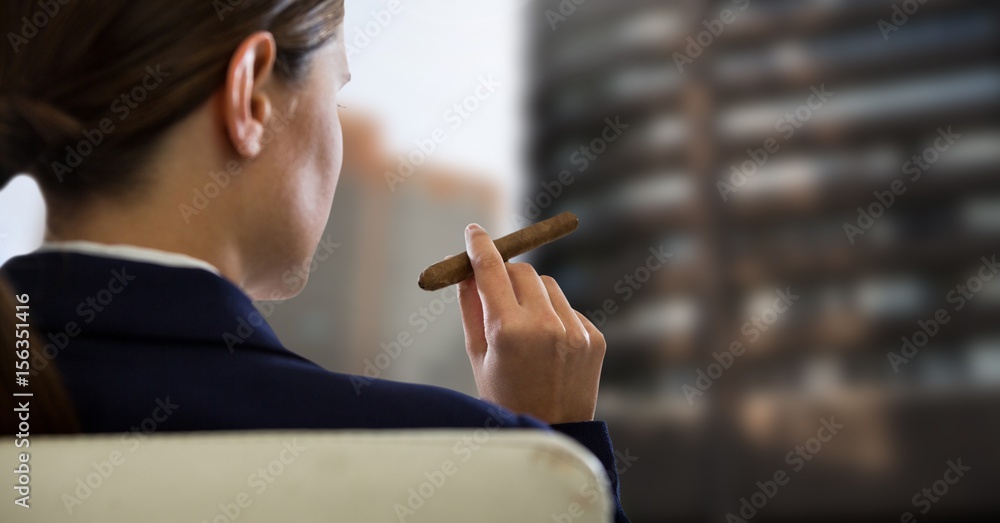 © vectorfusionart - Businesswoman Back Sitting in Chair with  cigar and  buildings