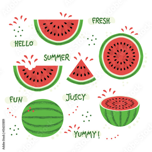 Green and red whole and sliced juicy summer watermelon icons set on white background