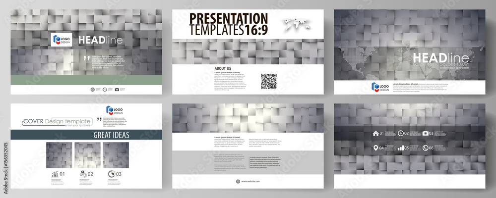 Business templates in HD format for presentation slides. Easy editable abstract vector layouts in flat design. Pattern made from squares, gray background in geometrical style. Simple texture.