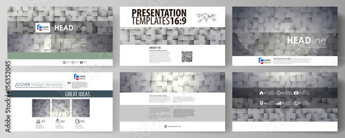 Business templates in HD format for presentation slides. Easy editable abstract vector layouts in flat design. Pattern made from squares, gray background in geometrical style. Simple texture.