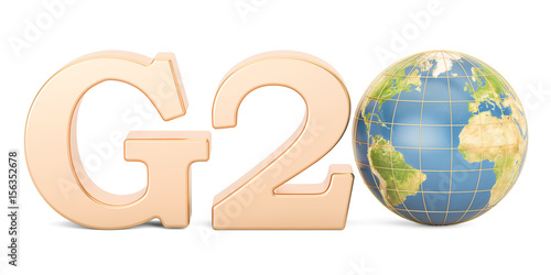 G20 concept. Golden inscription with Earth globe, 3D rendering photo