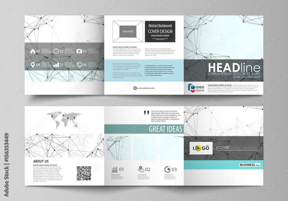 Business templates for tri fold square design brochures. Leaflet cover, abstract vector layout. Chemistry pattern, connecting lines and dots, molecule structure on white, geometric graphic background. Business templates for tri fold square design brochures. Leaflet cover, abstract vector layout. Chemistry pattern, connecting lines and dots, molecule structure on white, geometric graphic background.