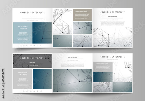 Set of business templates for tri fold square design brochures. Leaflet cover, abstract vector layout. DNA and neurons molecule structure. Medicine, science, technology concept. Scalable graphic.