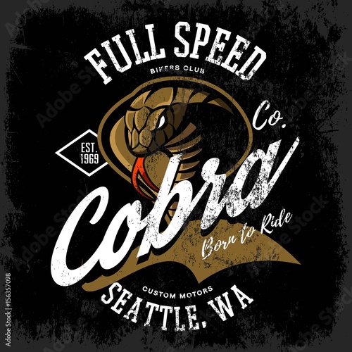 Vintage American furious cobra bikers club tee print vector design isolated on black background.  Premium quality wild snake superior logo concept illustration.