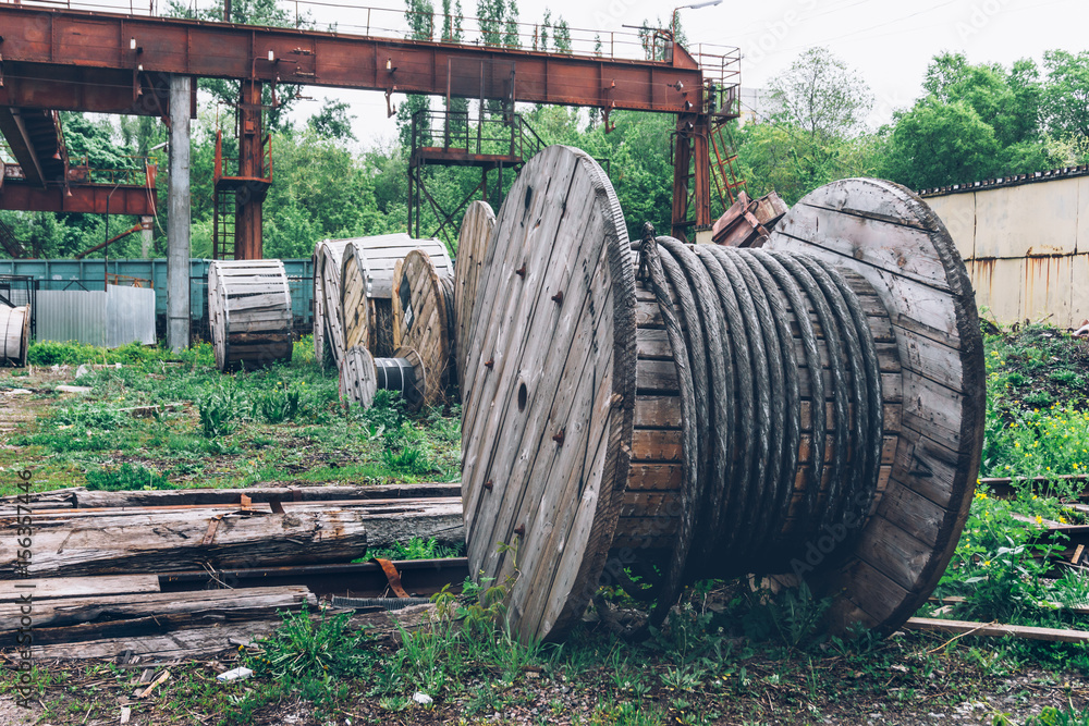 Industrial landscape, wood material rusty steel cable Coils Industrial landscape, wood material rusty steel cable Coils