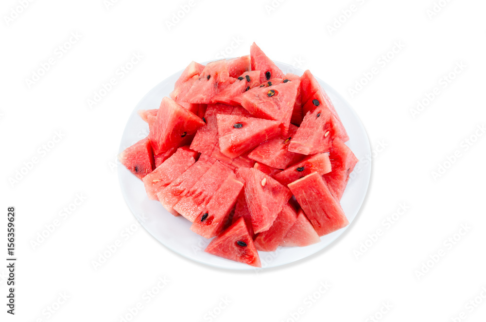 Slice red watermelon on white dish isolated on white background Slice red watermelon on white dish isolated on white background
