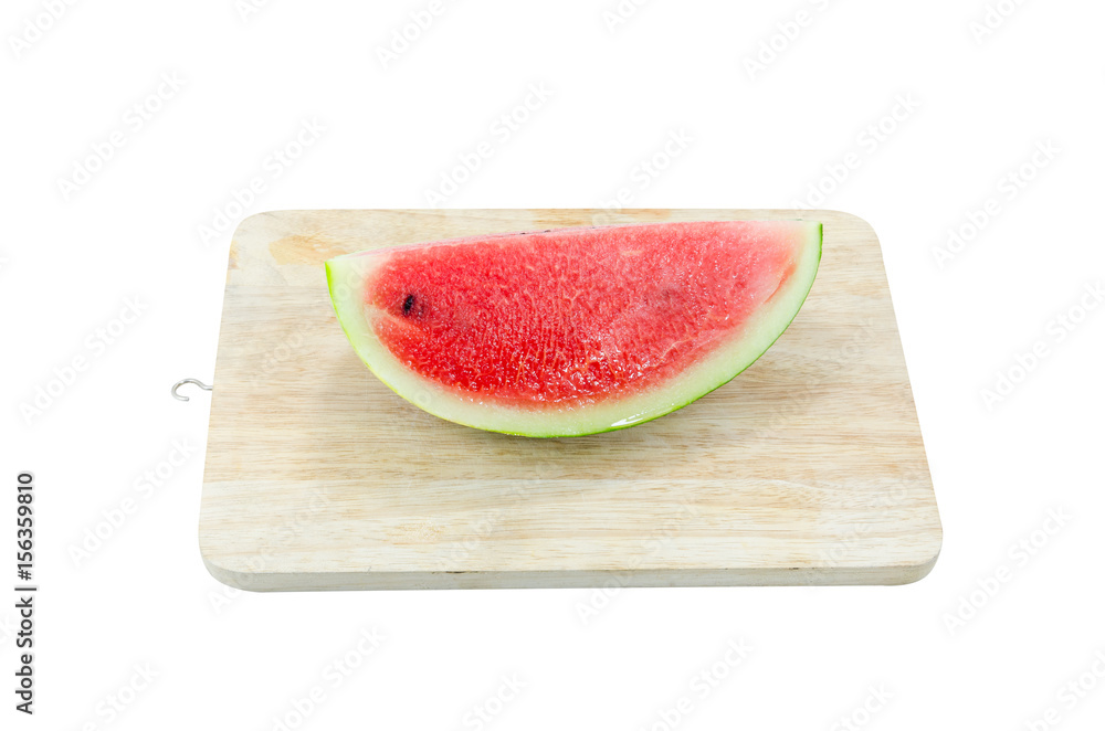 Slice watermelon red on wooden board isolated on white background Slice watermelon red on wooden board isolated on white background