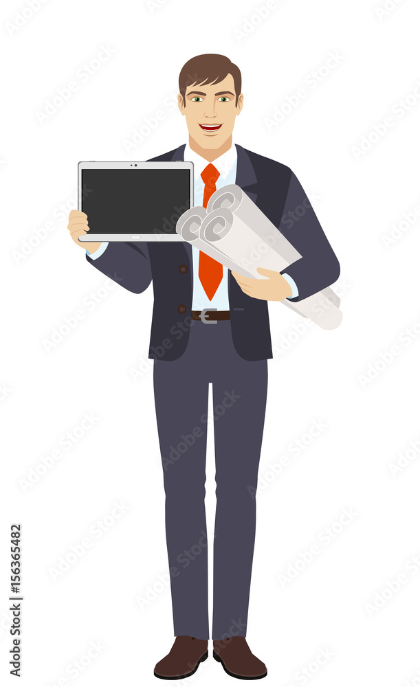 Businessman holding the project plans and showing blank digital tablet PC Businessman holding the project plans and showing blank digital tablet PC