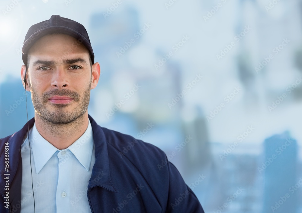 Security man outside bright blue background city Security man outside bright blue background city