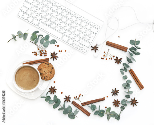 Workspace with keyboard  coffee on white background. Flat lay  top view office table desk.