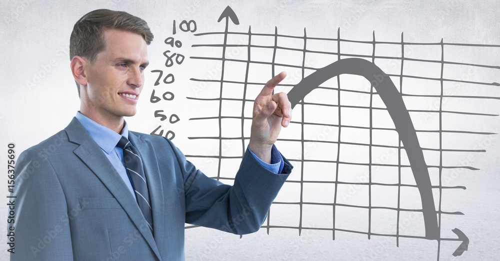 Business man pointing against grey graph and white background Business man pointing against grey graph and white background