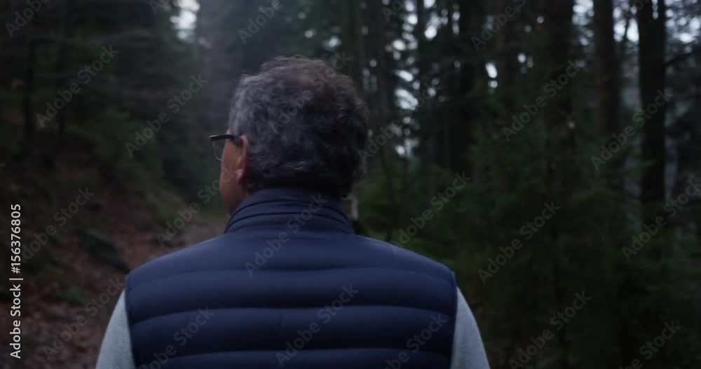 Back view of a man walking alone on a single trail in a forest with trees surrounding the area Back view of a man walking alone on a single trail in a forest with trees surrounding the area