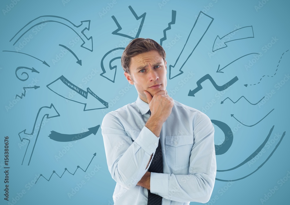 Business man thinking against arrow graphics and blue background Business man thinking against arrow graphics and blue background