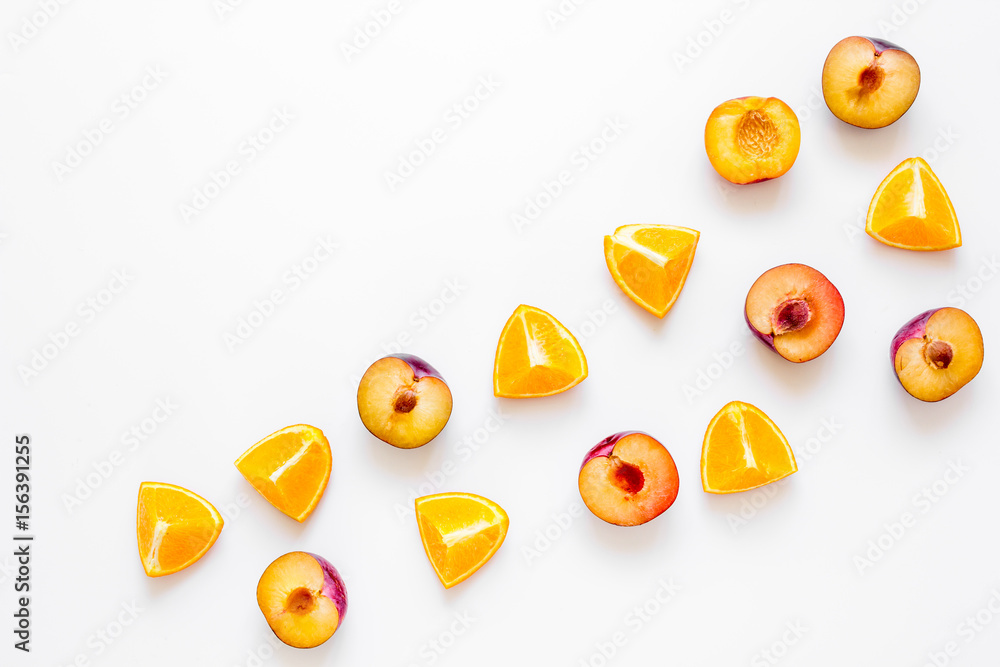 tropical peach and orange fruits for fresh juice white background top view space for text