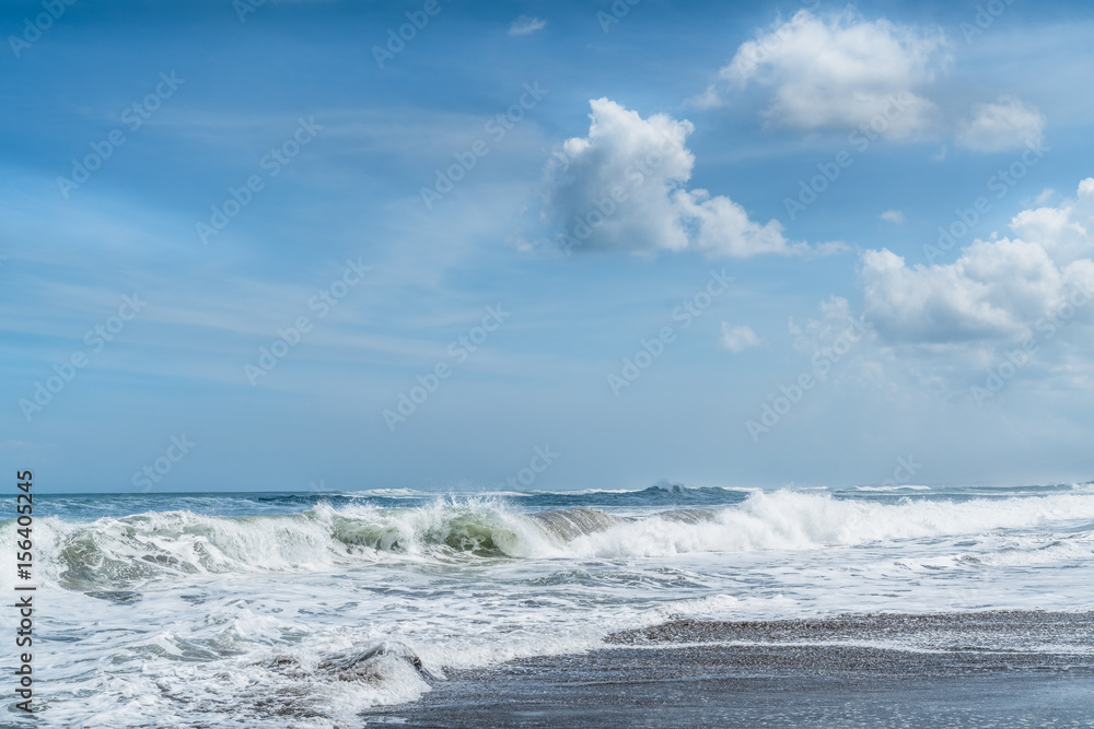 Background Blue Ocean. Clean Blue Water, Waves, Blue Sky, Horizon. Background Green Tropical Island Seascape. Sea water Surface, sea water texture, nature, resort, sea vacation