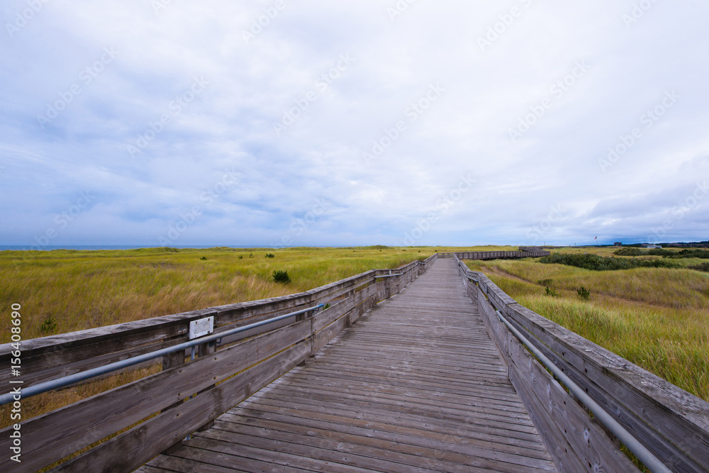 Wooden long sidewalk for vacationers traveling along coast of ocean