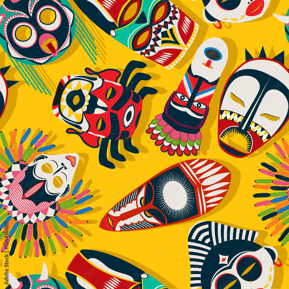 Tribal mask ethnic, vector seamless pattern