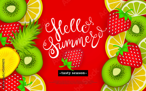 Hello summer. Tasty season. Lettering in the background of a pattern of stylized tropical fruits and berries. Vector illustration