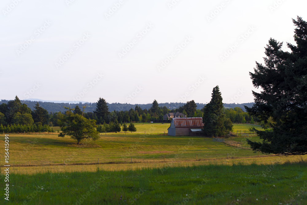 Columbia Gorge summer landscape with meadows fields of trees home Columbia Gorge summer landscape with meadows fields of trees home
