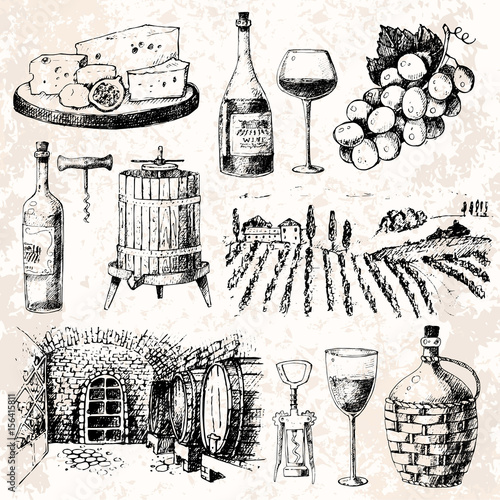 Vintage winery wine production handmade draft winemaking sketch fermentation grape drink vector illustration