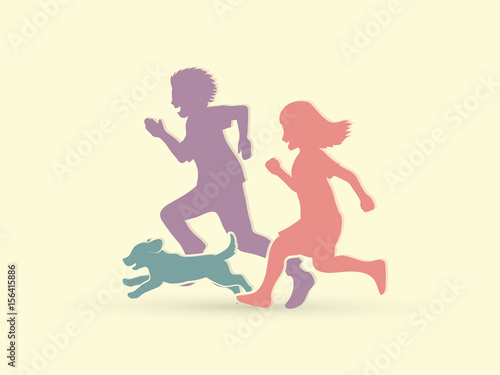 Little boy and girl running together with puppy dog graphic vector