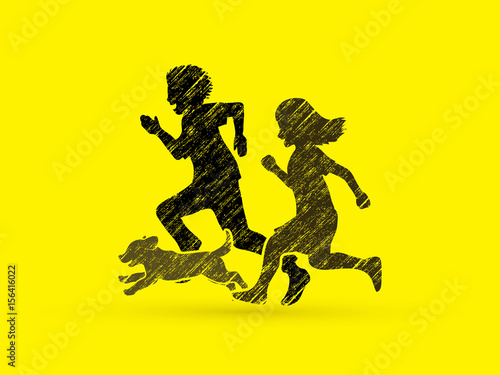 Little boy and girl running together with puppy dog designed using black grunge texture graphic vector