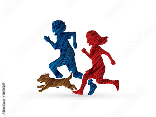 Little boy and girl running together with puppy dog designed using grunge brush graphic vector