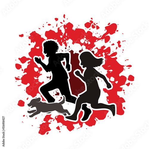 Little boy and girl running together with puppy dog on splatter blood background graphic vector