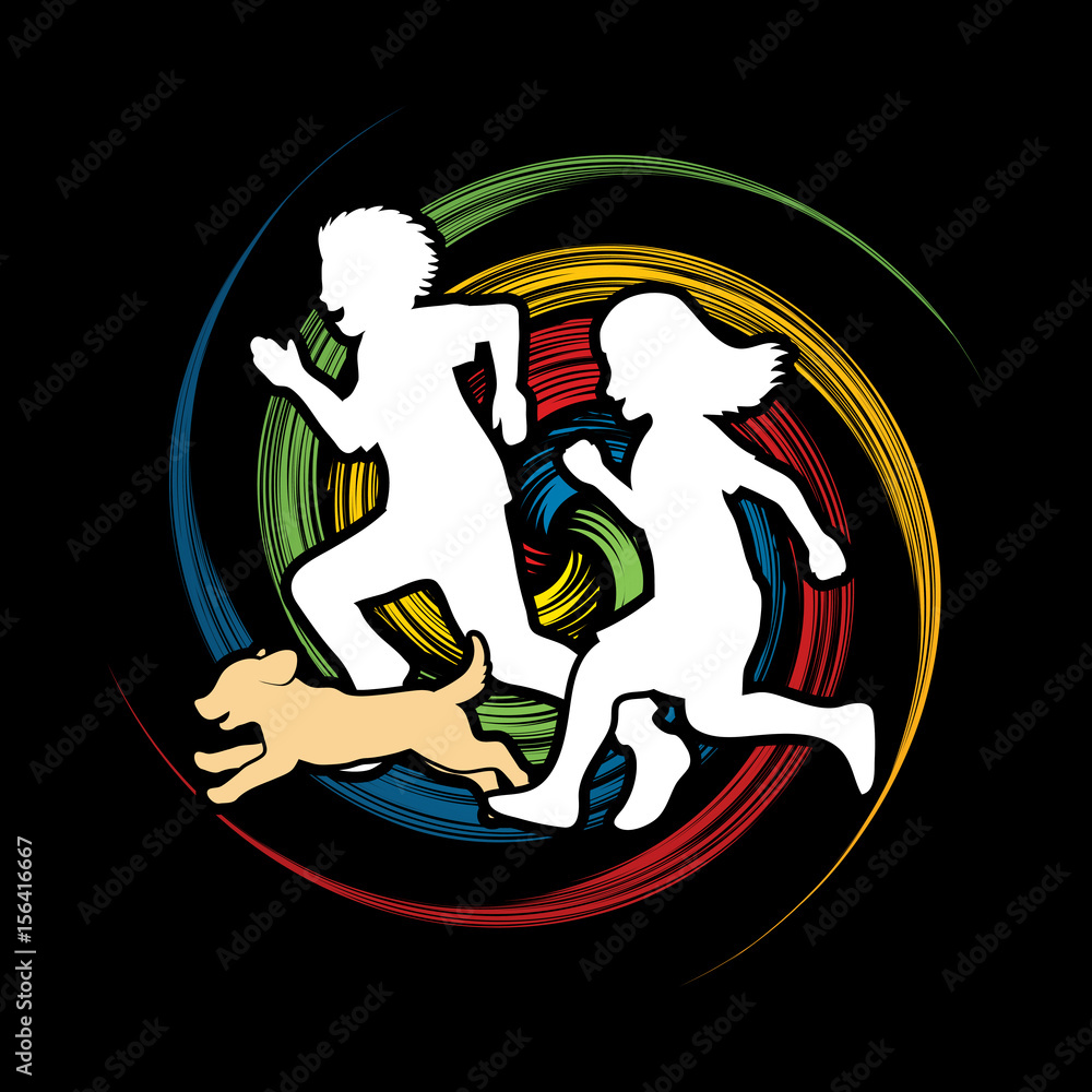Fototapeta premium Little boy and girl running together with puppy dog on spin wheel background graphic vector