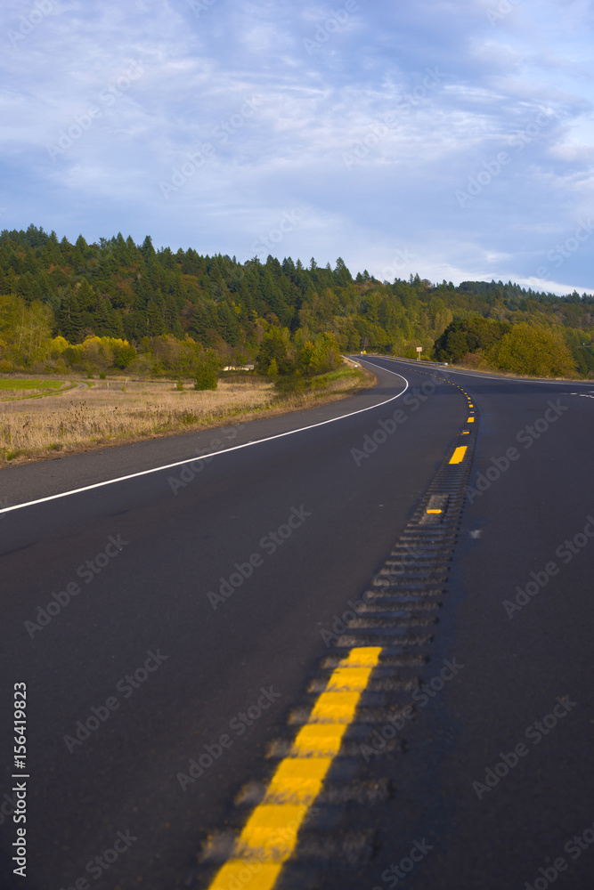 Divided winding road with autumn trees on hill in horizon