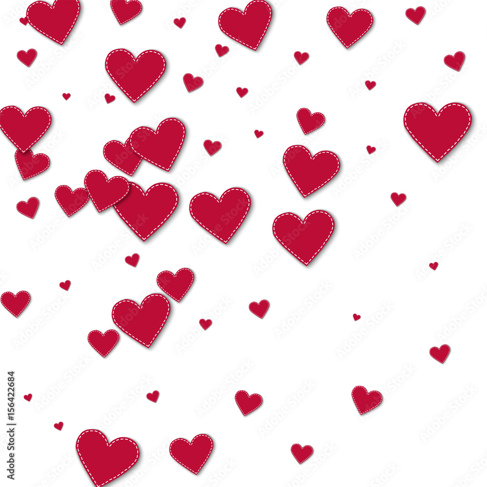 Red stitched paper hearts. Abstract scatter on white background. Vector illustration.
