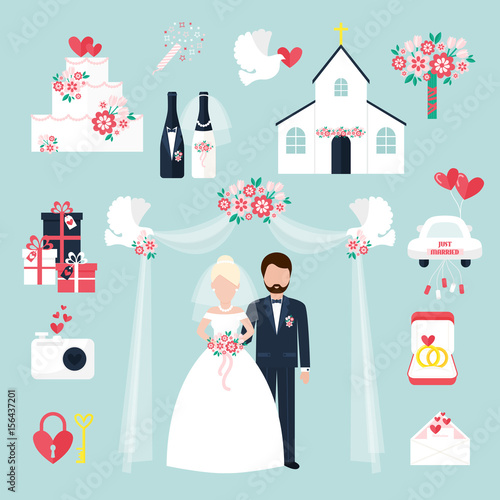 Wedding elements invitation celebration set flat anniversary romance decoration couple icons vector illustration