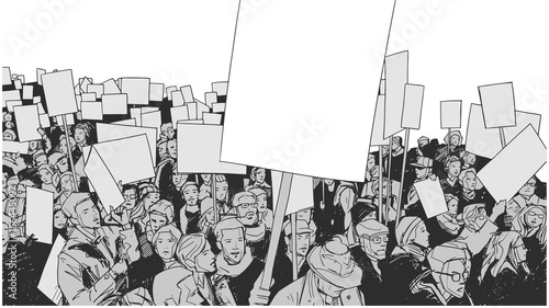 Illustration of protesting crowd with blank signs and banners