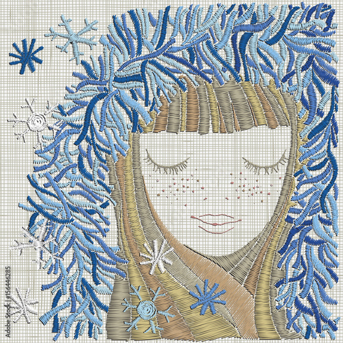 Girl in a knitted blue Fluffy hood and snowflakes. Embroidery winter Girl. Vector Embroidery home decor Linen cloth texture.