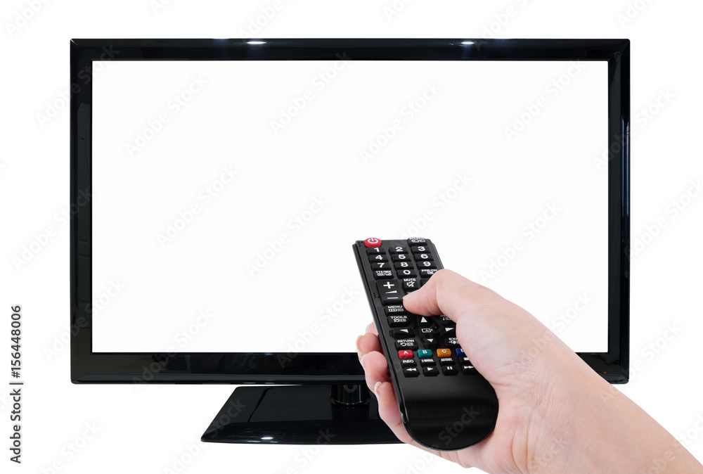 Hand holding TV remote with LED TV and blank screen isolated on white background Hand holding TV remote with LED TV and blank screen isolated on white background