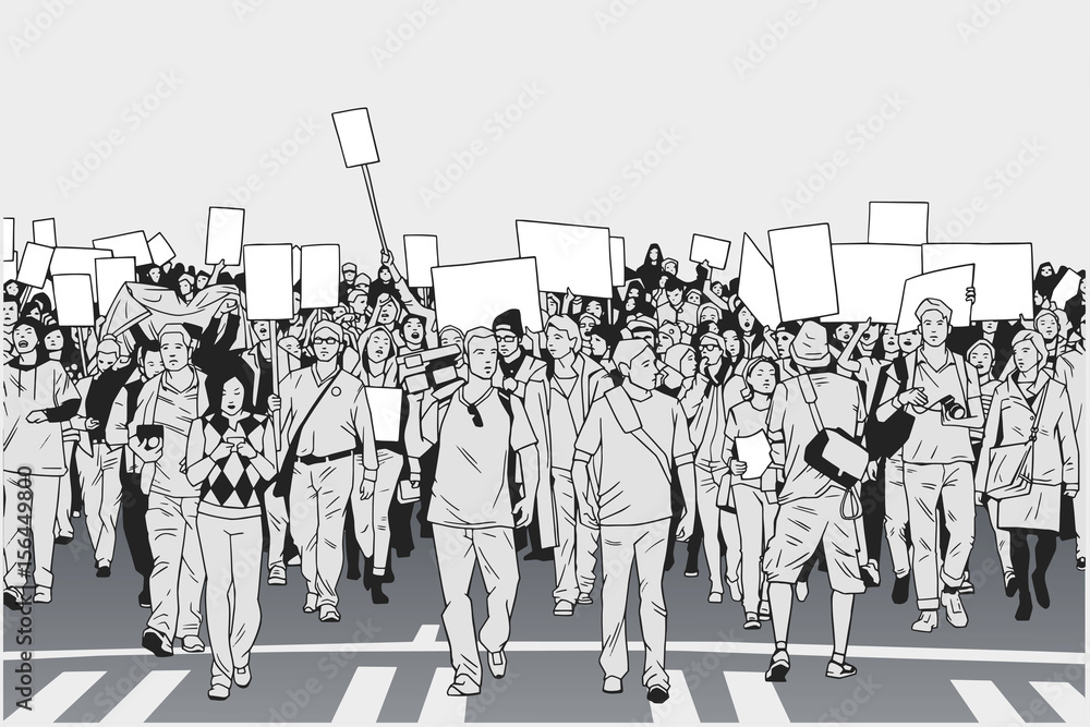 Illustration of peaceful crowd protest with blank signs in high detail - obrazy, fototapety, plakaty 