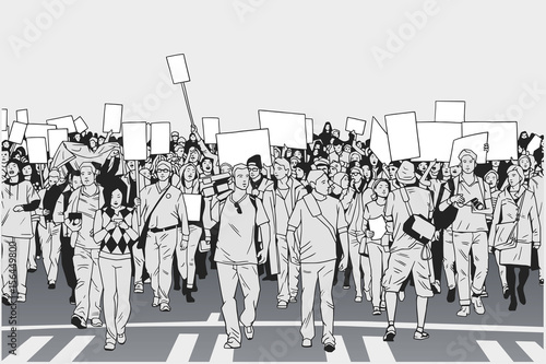 Illustration of peaceful crowd protest with blank signs in high detail